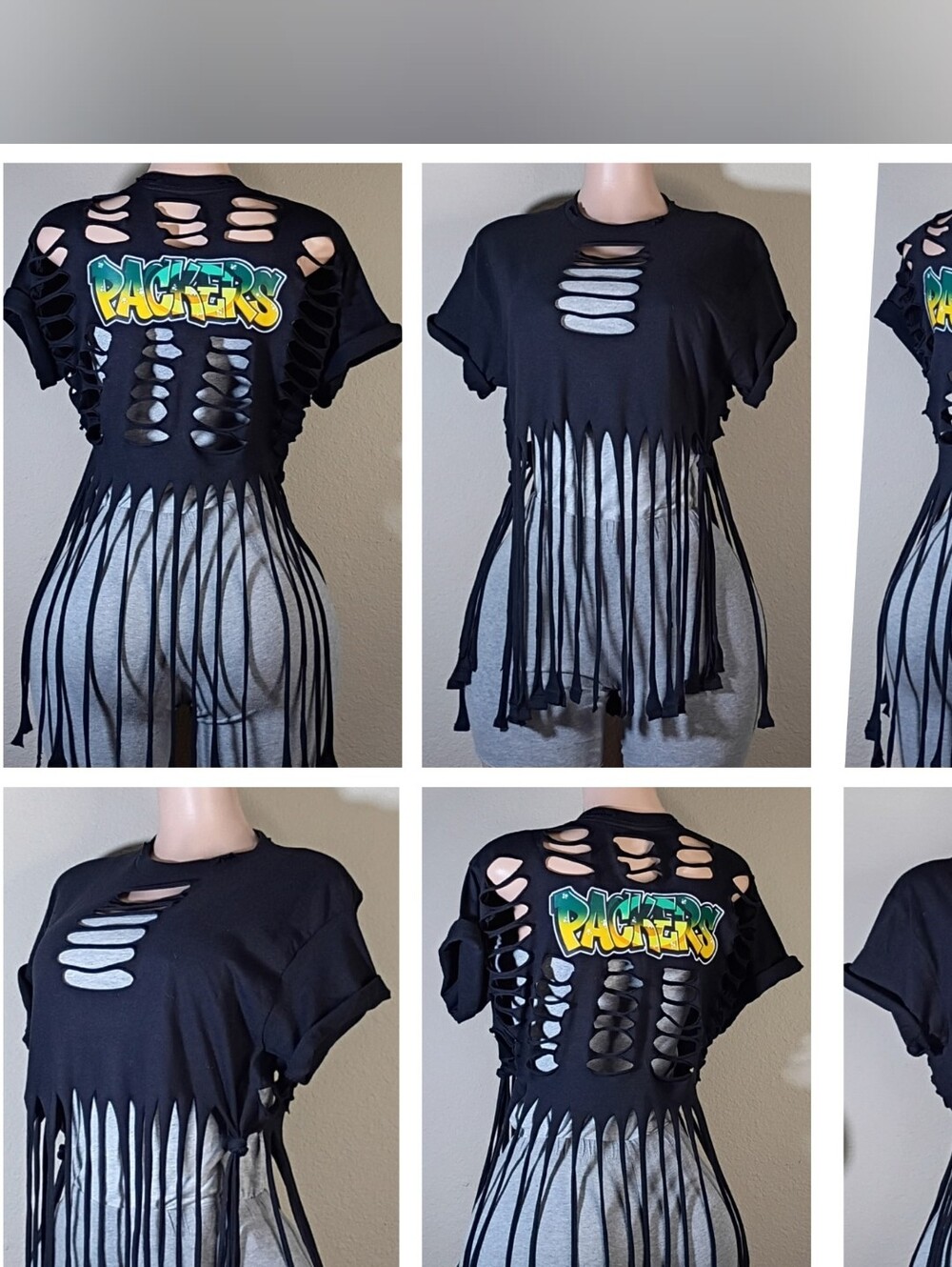 Packers Black Custom Distressed Fringe Crop Top